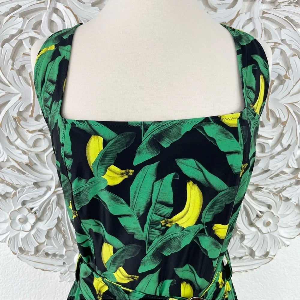 {Ganni} Banana Print Belted One-Piece Swimsuit, Plus Size 4XL/22
